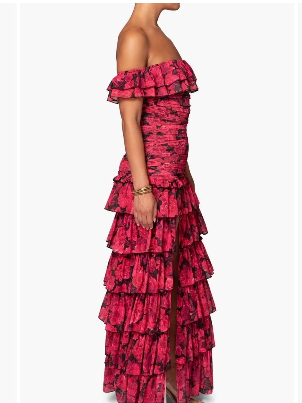 Off-Shoulder Red Floral Ruffle Maxi Dress - Picture 3 of 9
